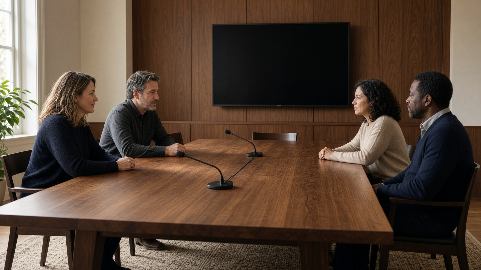A table, microphones, a screen of the work.