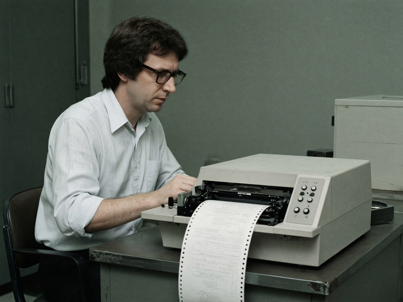 A person at a keyboard, waiting on a printout.