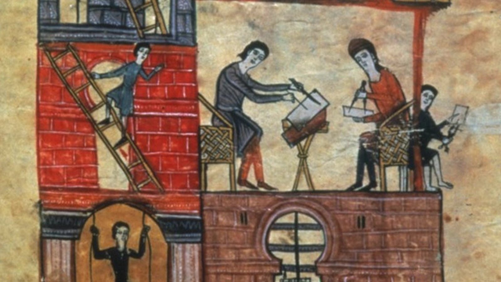 Medieval illumination of a scriptorium — scribes at desks.